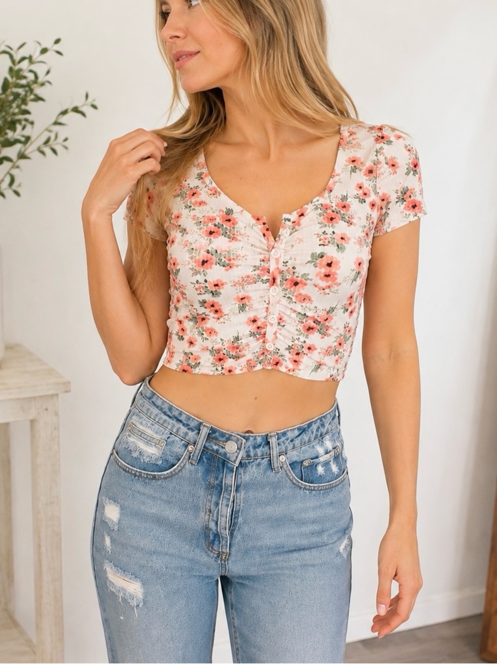 Floral Ribbed Knit Crop Top